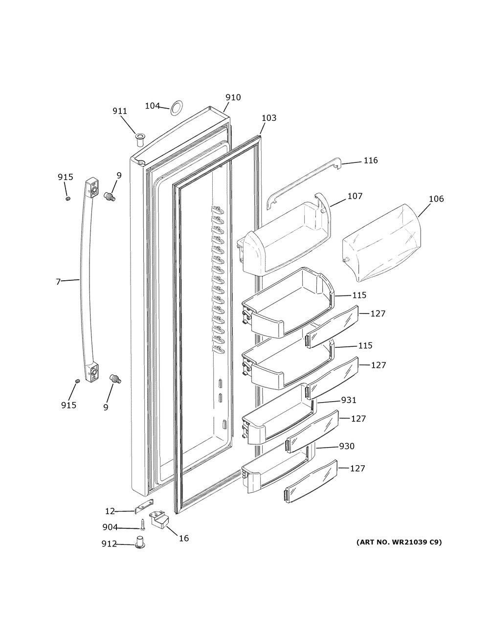 Fresh Food Door Diagram and Parts List for PZS22MSKPHSS  General Electric Refrigerator