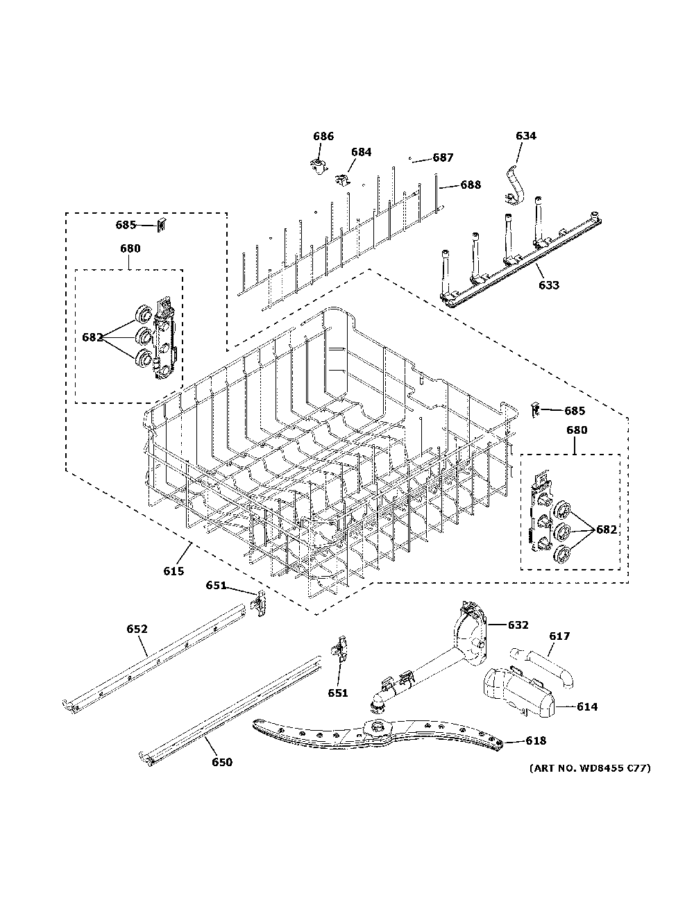 Upper rack assembly Diagram and Parts List for CDT800P2N3S1  General Electric Dishwasher