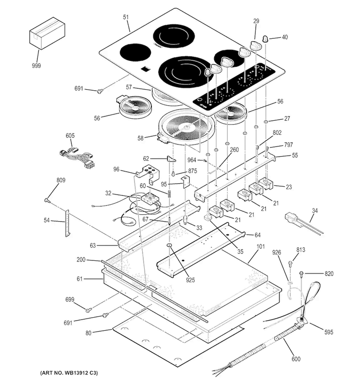 Control Panel & Cooktop Diagram and Parts List for PP912BM4BB  General Electric Cooktop