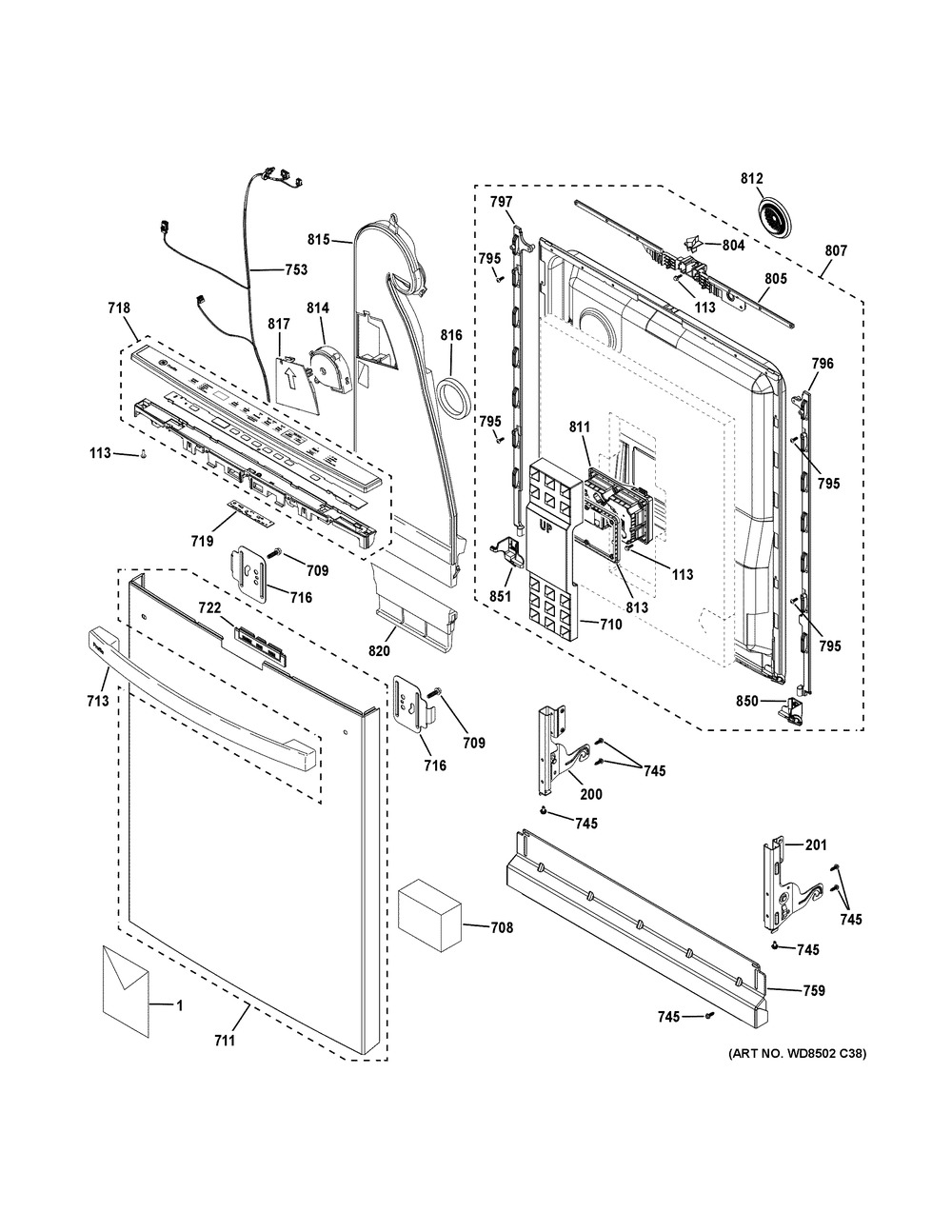 Escutcheon And Door Assembly Diagram and Parts List for PDT775SYNBFS  General Electric Dishwasher