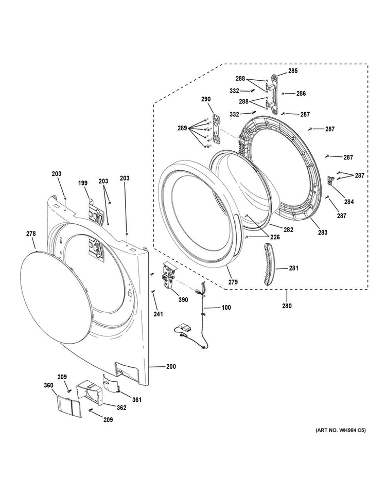 Front Panel & Door Diagram and Parts List for GFW480SSK0WW  General Electric Washer