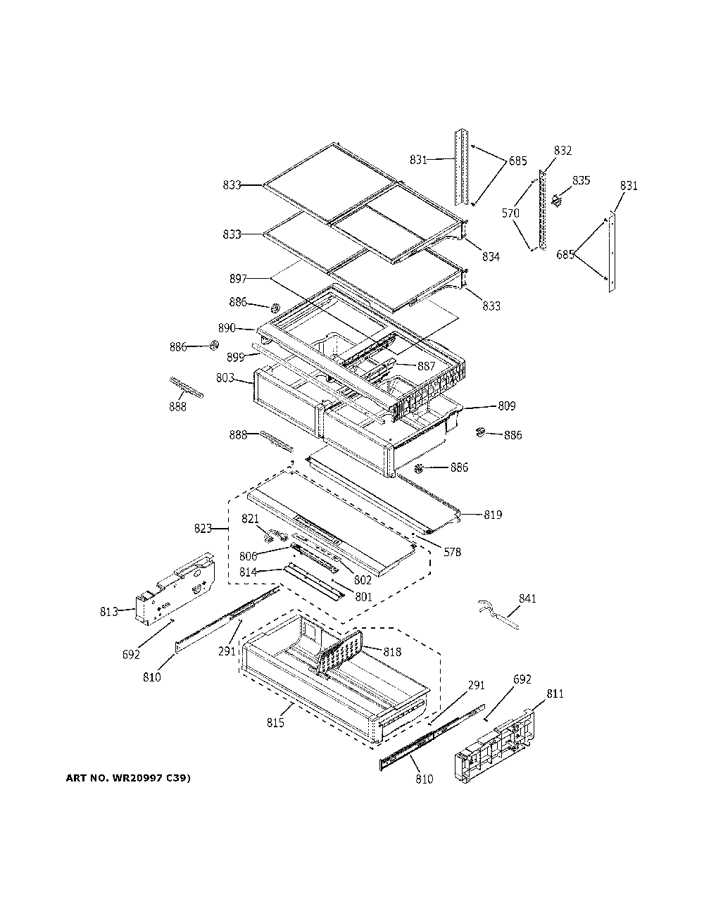 Fresh food shelves Diagram and Parts List for CFE28UP2MES1  General Electric Refrigerator
