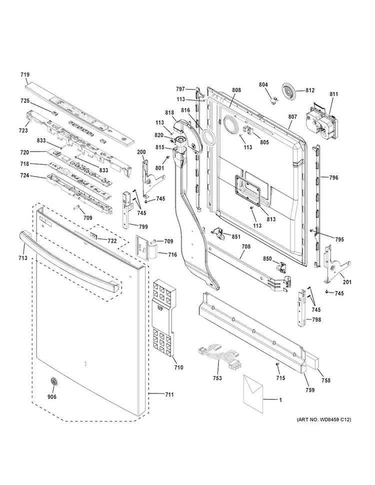 Escutcheon & Door Assembly Diagram and Parts List for DDT575SSF4SS  General Electric Dishwasher