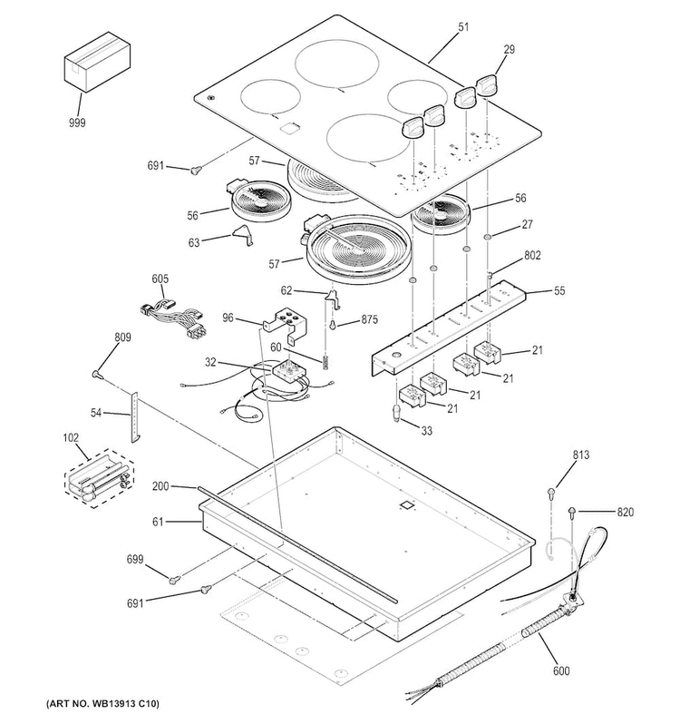 Control Panel & Cooktop Diagram and Parts List for JP3030DJ2BB  General Electric Cooktop