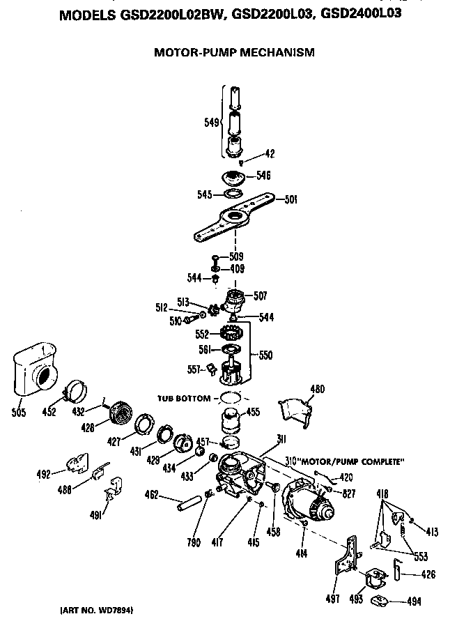 Motor/pump Diagram and Parts List for GSD2200L03  General Electric Dishwasher