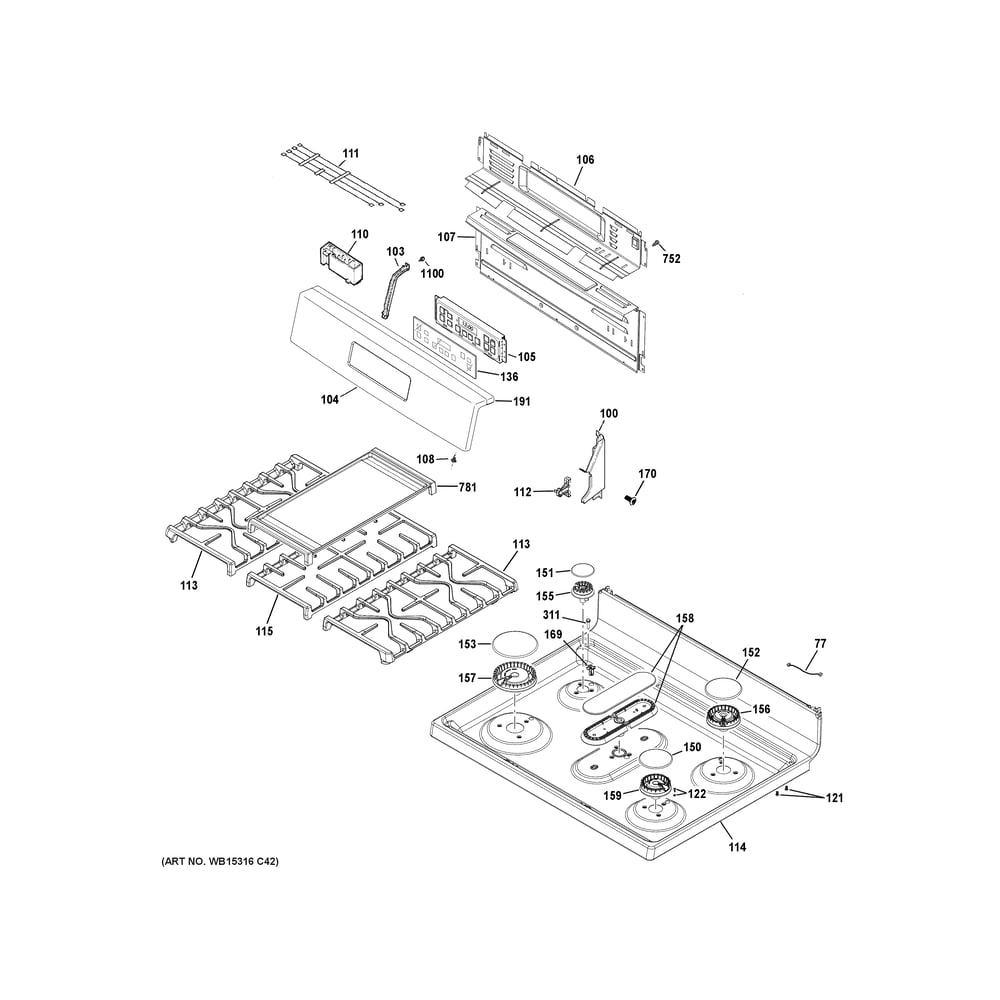 Control Panel & Cooktop Diagram and Parts List for JGBS66REK7SS  General Electric Range