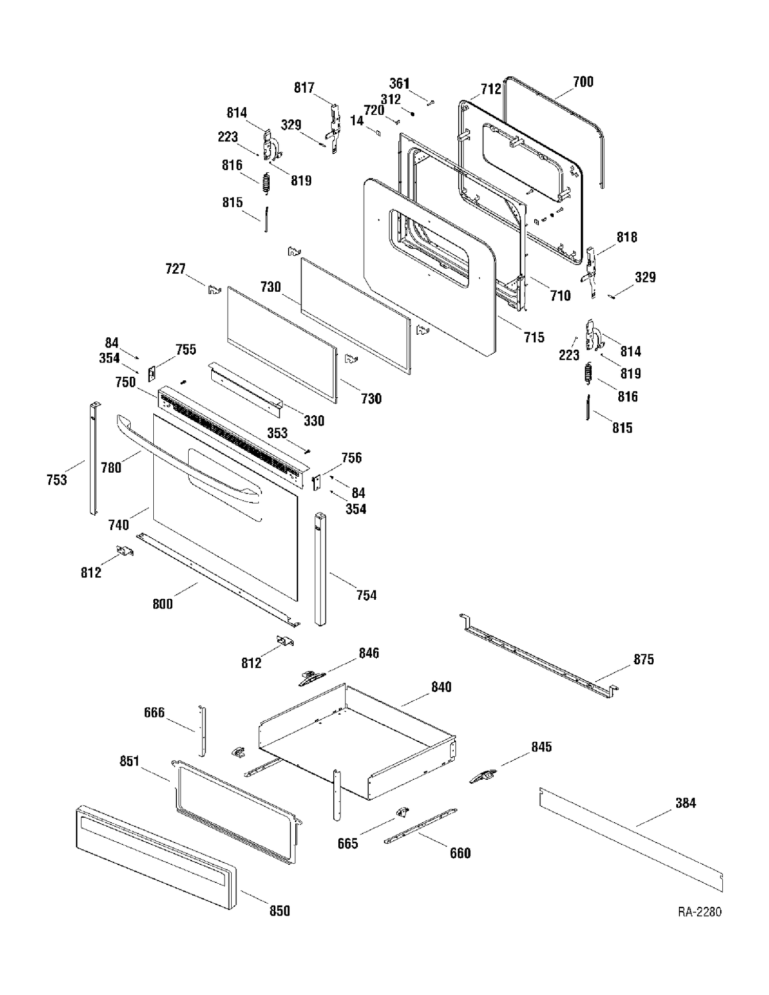 DOOR & DRAWER Diagram and Parts List for JCBP25WK2WW  General Electric Range
