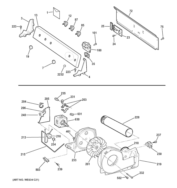 Backsplash, Blower & Motor Assembly Diagram and Parts List for GTDP490GD5WS  General Electric Dryer