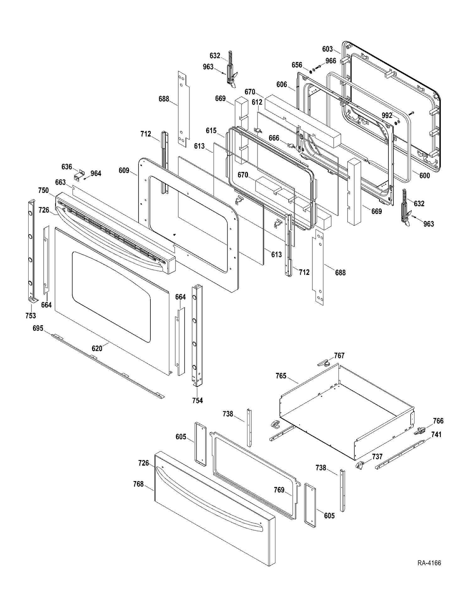 DOOR-DRAWER Diagram and Parts List for JCBP670ST1SS  General Electric Range