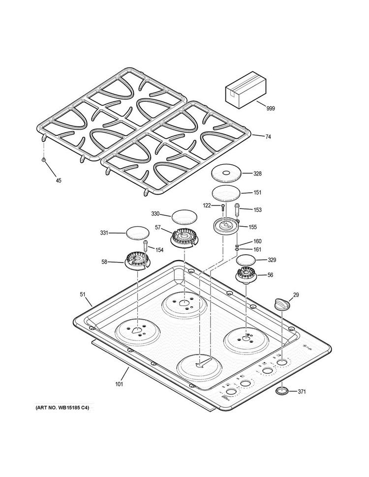 Control Panel & Cooktop Diagram and Parts List for JGP333DET2WW  General Electric Cooktop