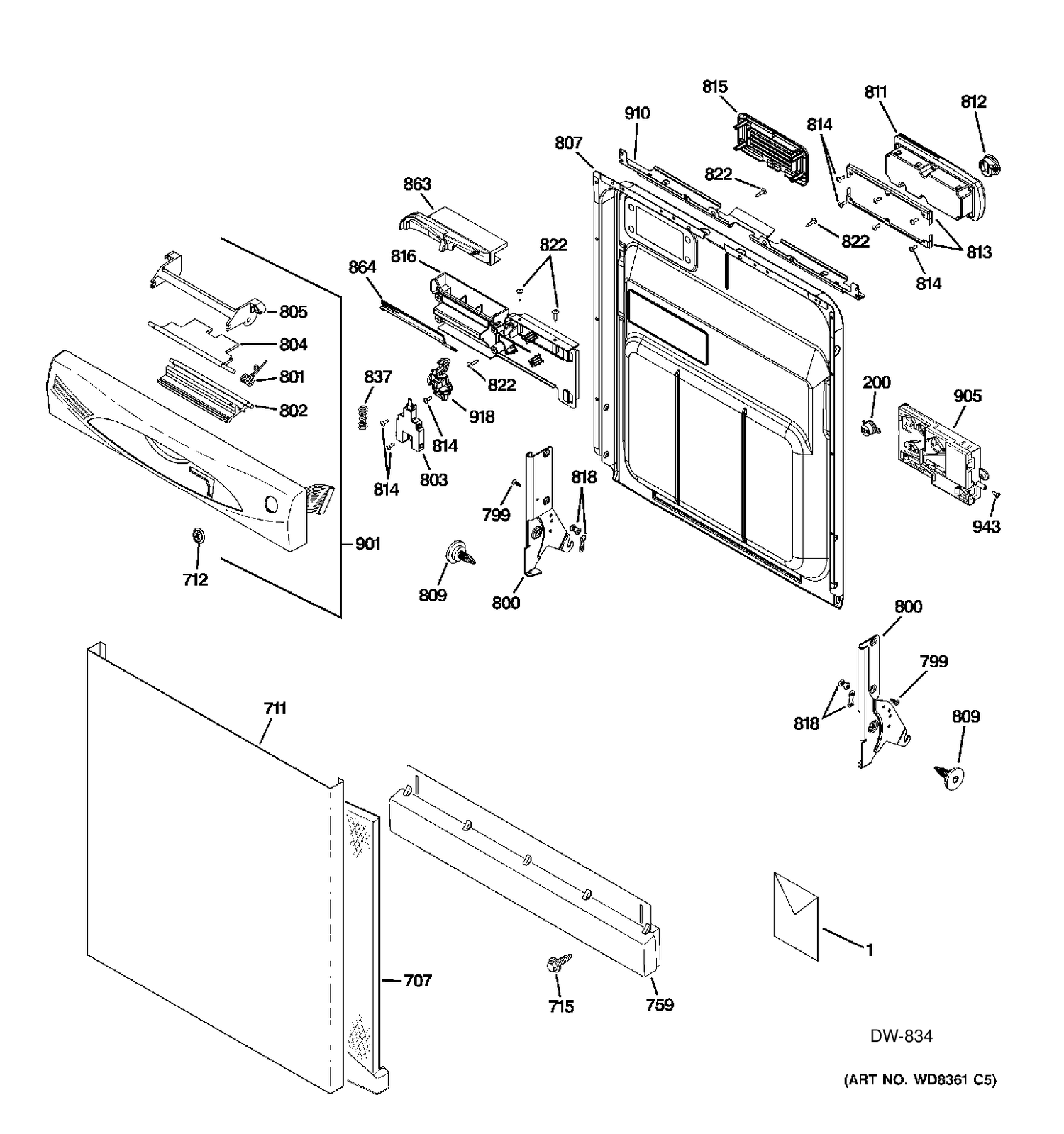 ESCUTCHEON & DOOR ASSEMBLY Diagram and Parts List for GDWF100V70WW  General Electric Dishwasher