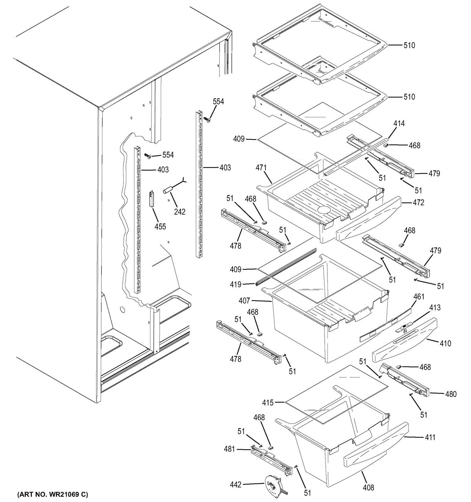 FRESH FOOD SHELVES Diagram and Parts List for GSH25JGDEBB  General Electric Refrigerator