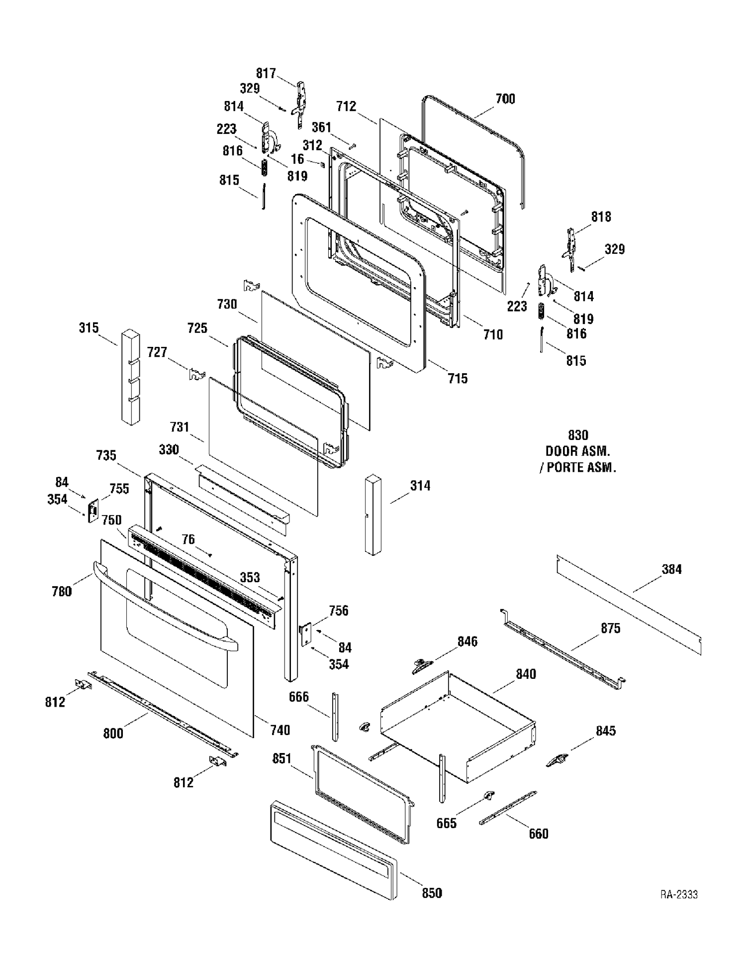 DOOR & DRAWER Diagram and Parts List for MCB757WM2WW  General Electric Range