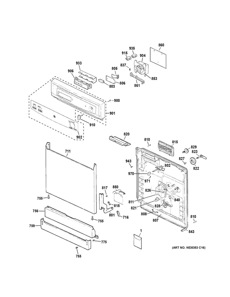 Escutcheon & Door Assembly Diagram and Parts List for GSD3300D50WW  General Electric Dishwasher