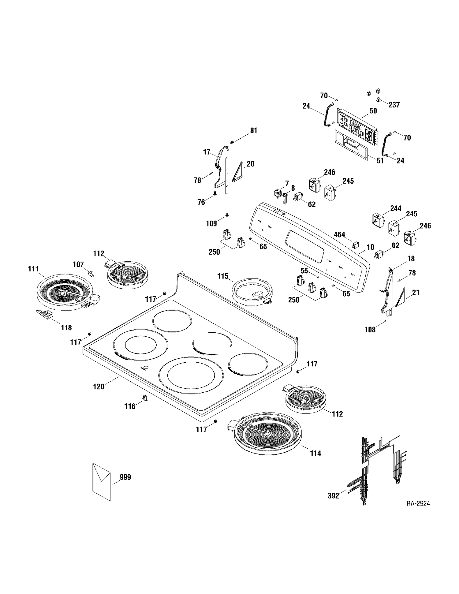 CONTROLS & COOKTOP Diagram and Parts List for JCBP71DP1BB  General Electric Range
