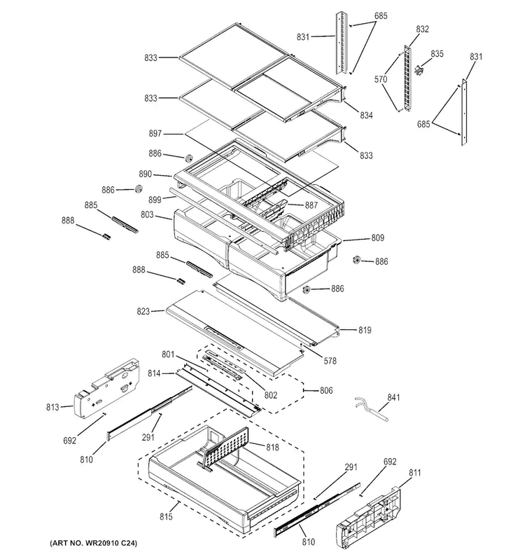 Fresh Food Shelves Diagram and Parts List for GFE28HSHCSS  General Electric Refrigerator