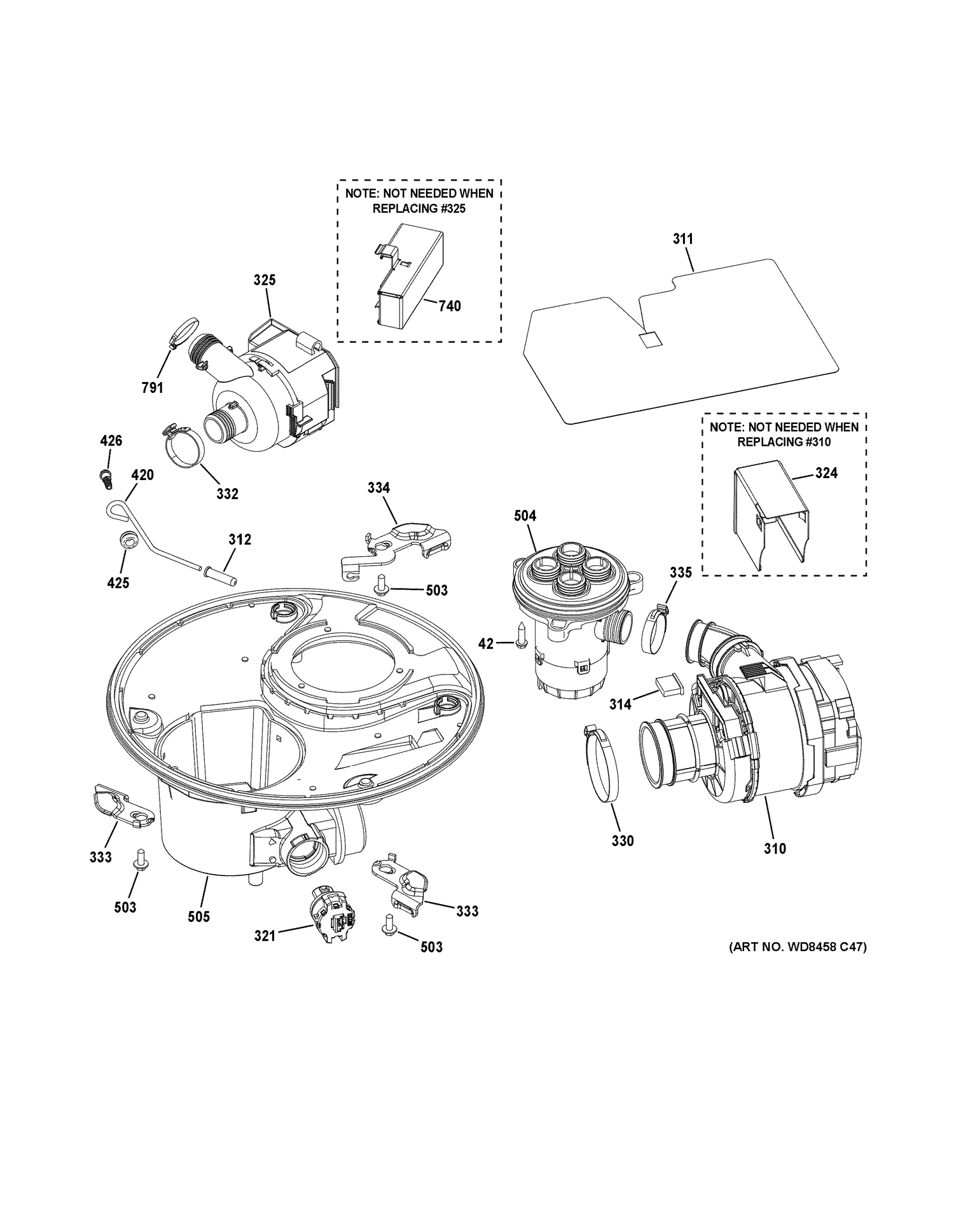 SUMP & MOTOR MECHANISM Diagram and Parts List for ZDT870SMF5GS  General Electric Dishwasher