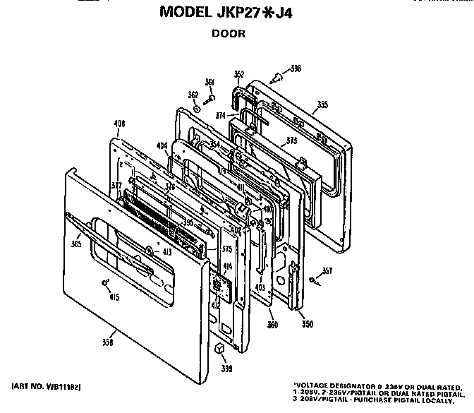 Door Diagram and Parts List for JKP27J4  General Electric Wall Oven