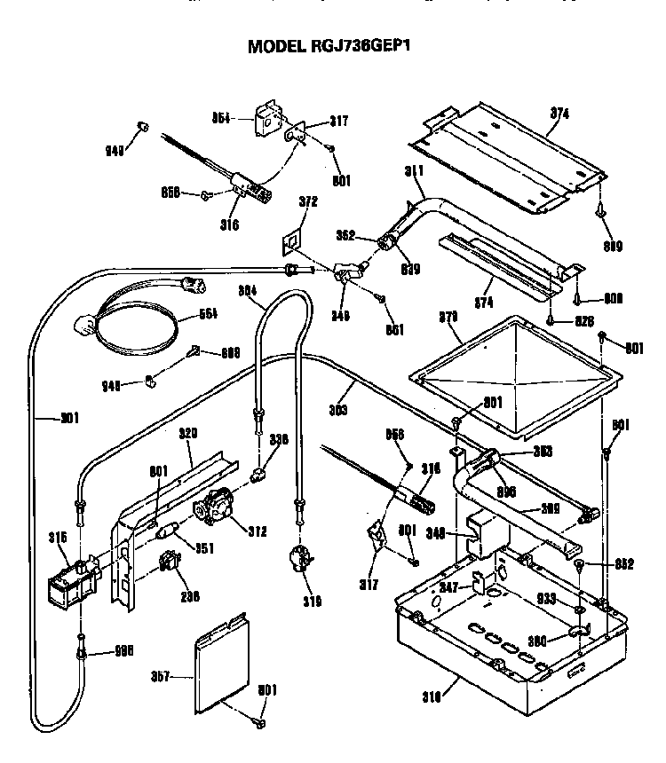 Broiler And Oven Burner Section Diagram and Parts List for RGJ736GEP1BG  Hotpoint Range
