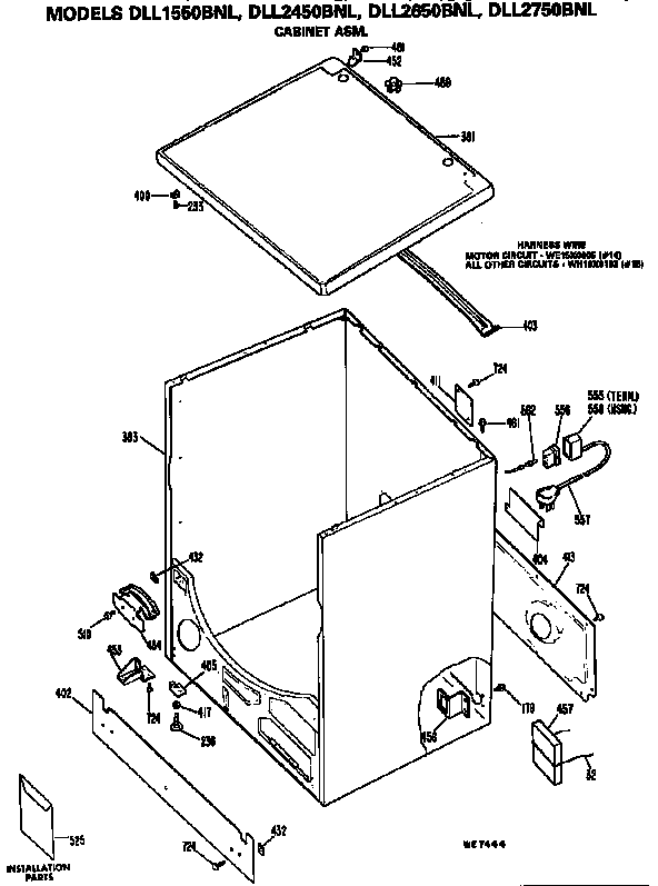 Cabinet Assembly Diagram and Parts List for DLL1550BNL  Hotpoint Dryer