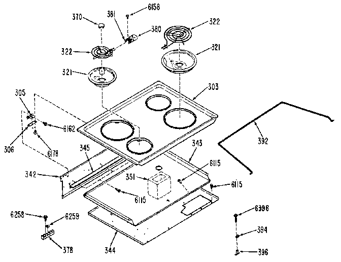 Cooktop Diagram and Parts List for JDP37G0L1  General Electric Range