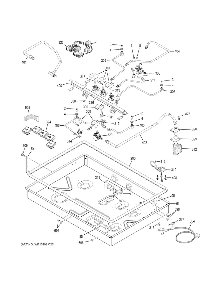 Gas & Burner Parts Diagram and Parts List for CGP350SET3SS  General Electric Cooktop