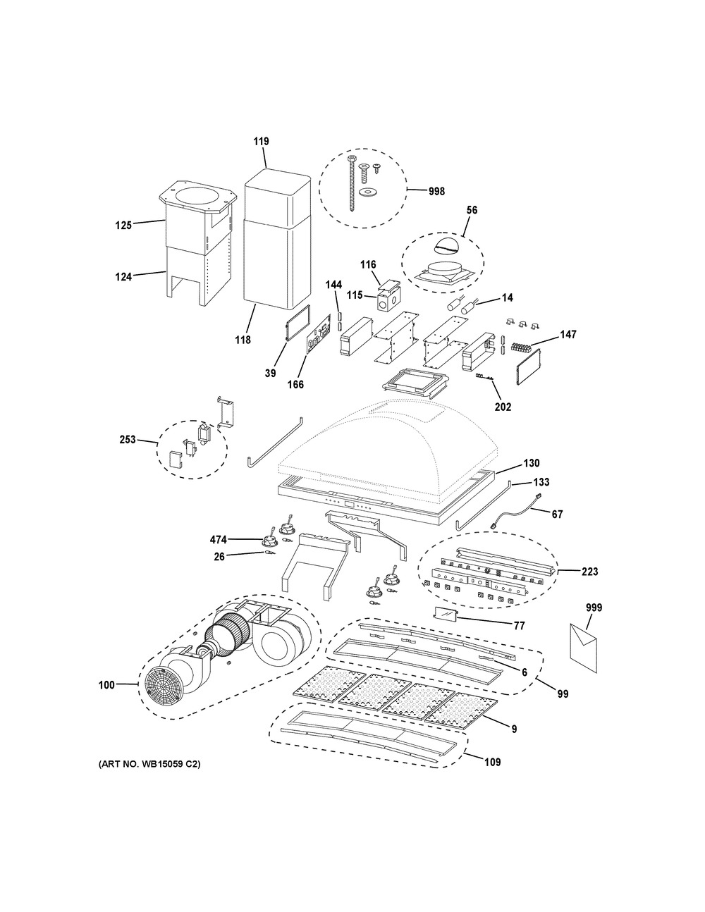 Range Hood Diagram and Parts List for ZV1050SF5SS  General Electric Range Hood