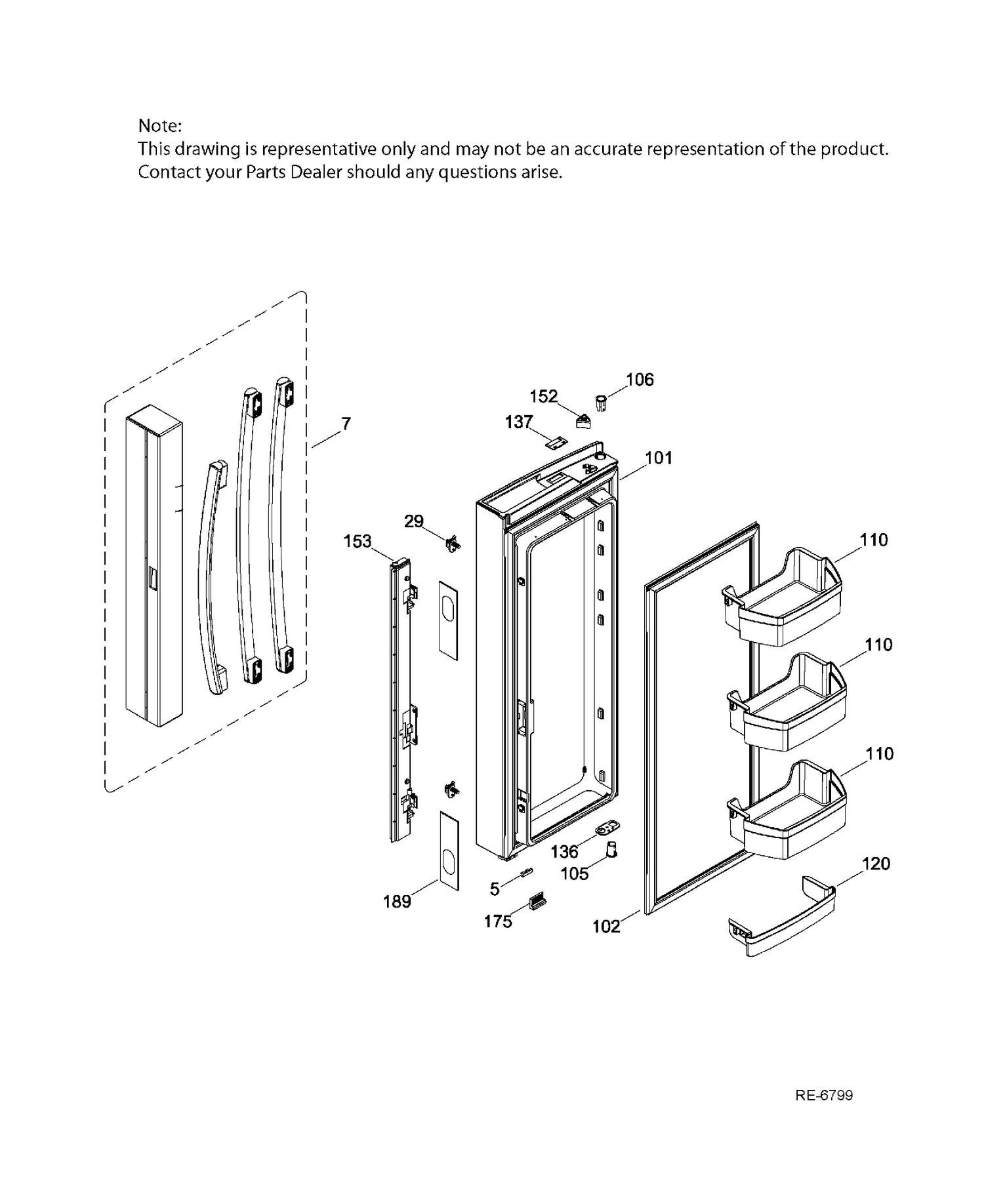FF DOOR LEFT Diagram and Parts List for PNE25JGKBKWW  General Electric Refrigerator
