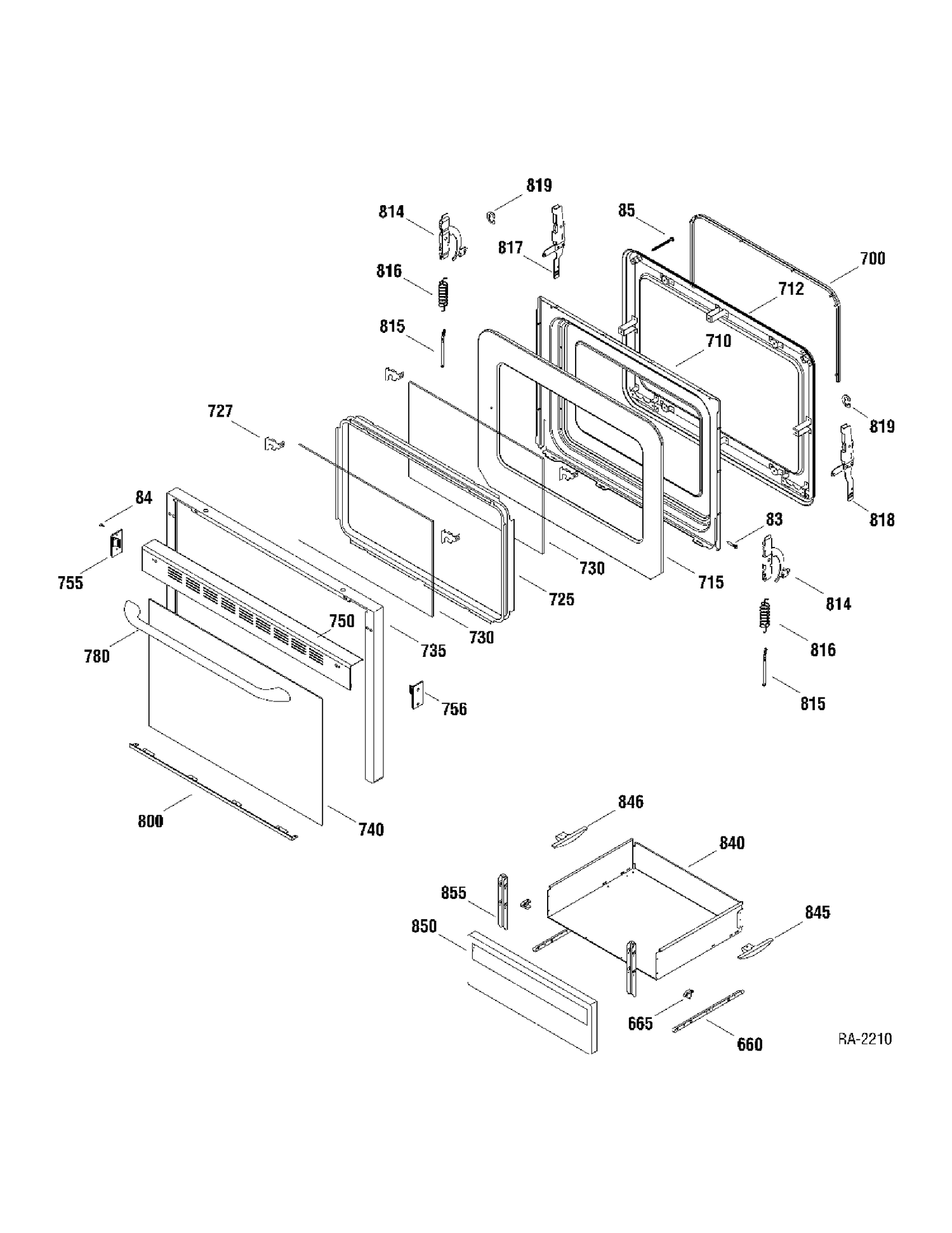 DOOR & DRAWER Diagram and Parts List for 147210  General Electric Range