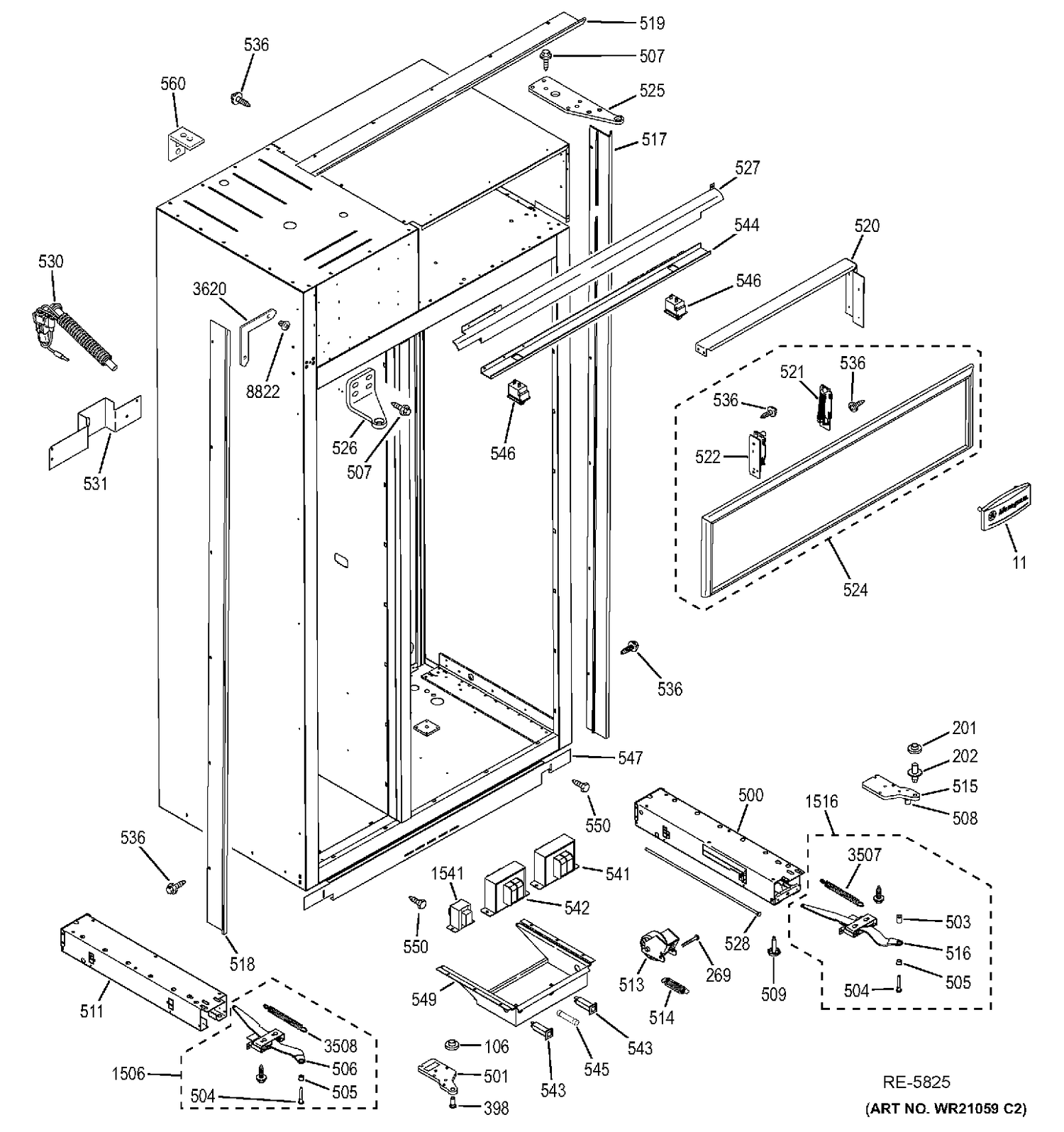 CASE PARTS Diagram and Parts List for ZISB480DXC  General Electric Refrigerator