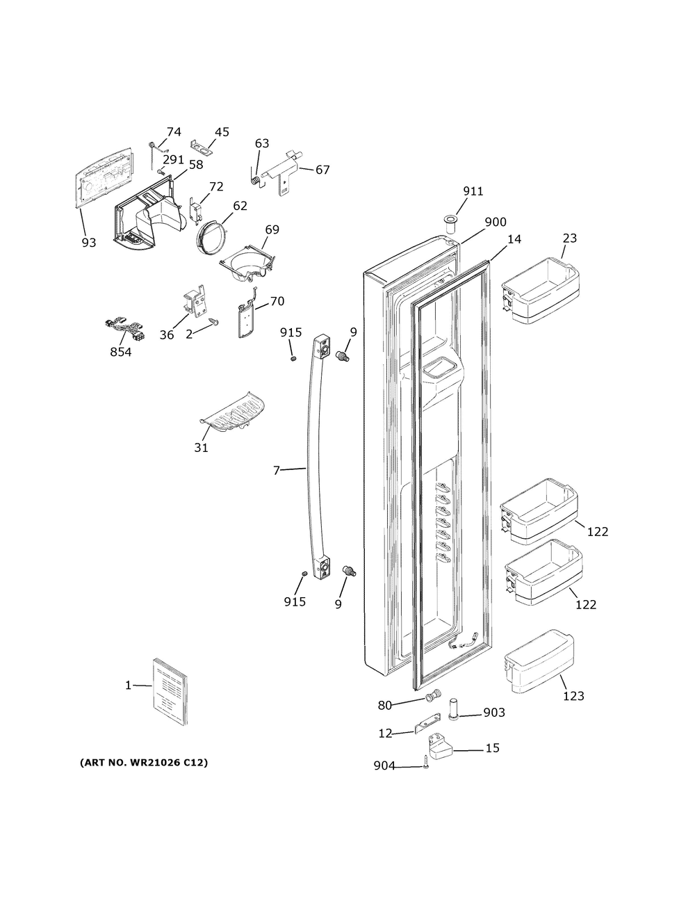 Freezer Door Diagram and Parts List for GSE25GYPHCFS  General Electric Refrigerator