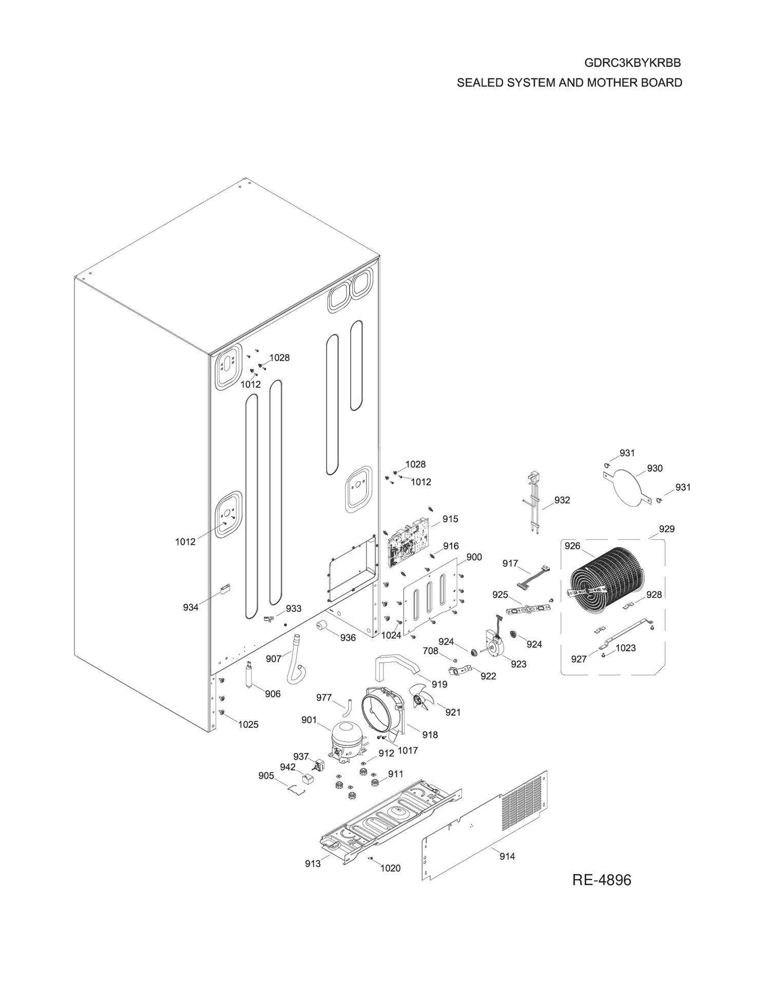 SEALED SYSTEM AND MOTHER BOARD Diagram and Parts List for GDRC3KBYKRBB  General Electric Refrigerator