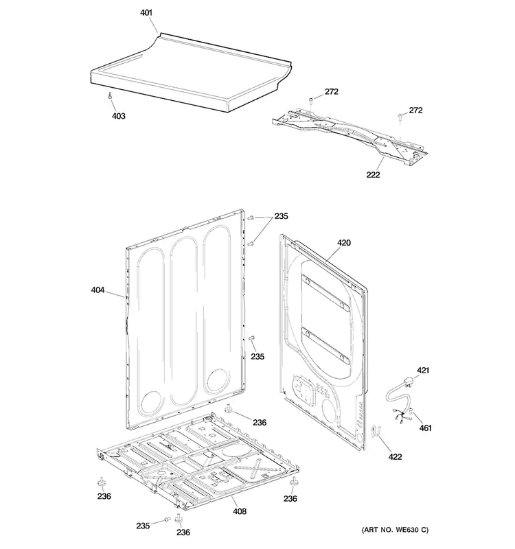 Cabinet & Top Panel Diagram and Parts List for GTDP450GD1WS  General Electric Dryer