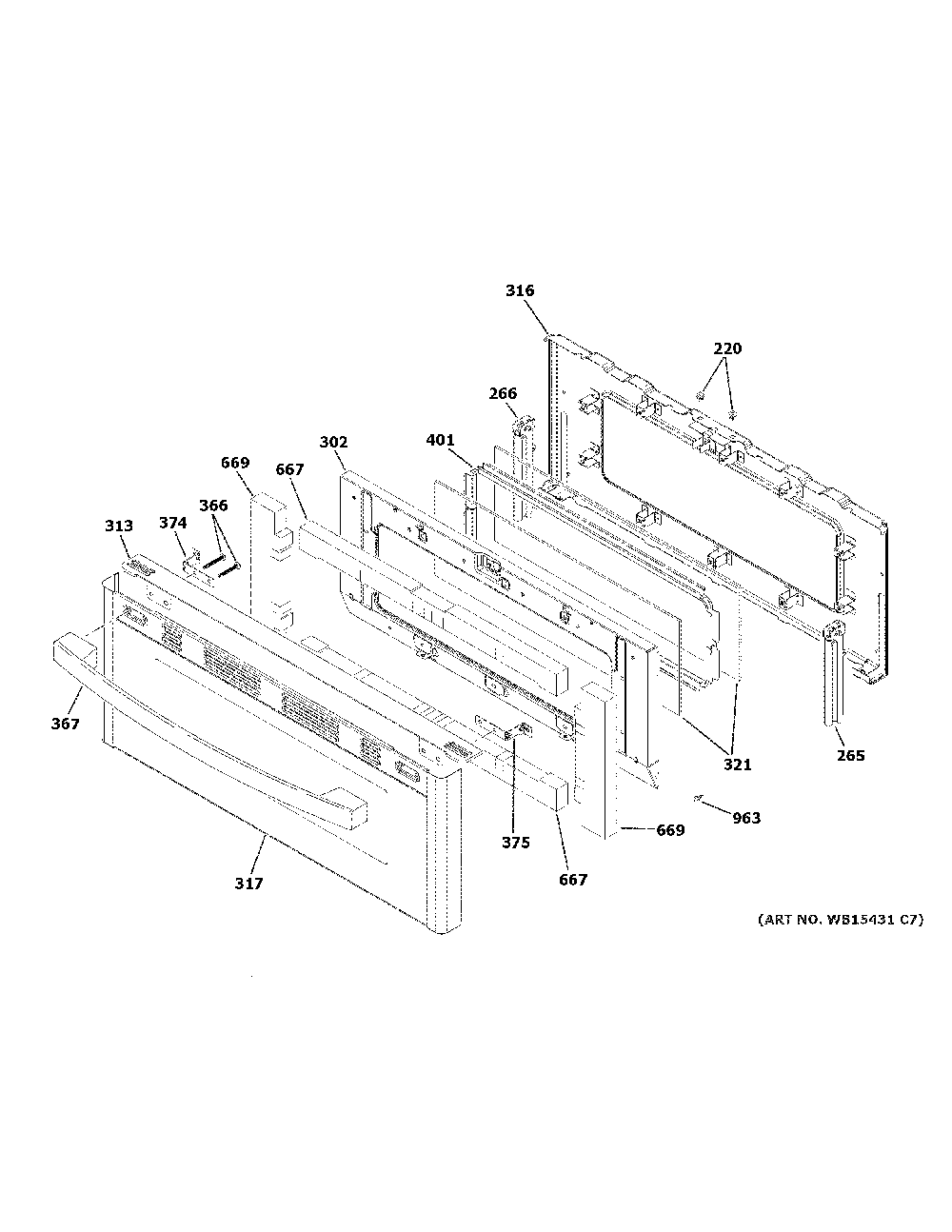 Upper Door Diagram and Parts List for PGB960SEJ6SS  General Electric Range