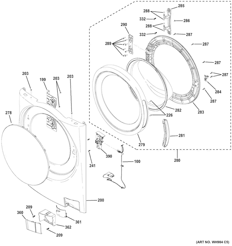 Front Panel & Door Diagram and Parts List for GFWR4805F0MC  General Electric Washer