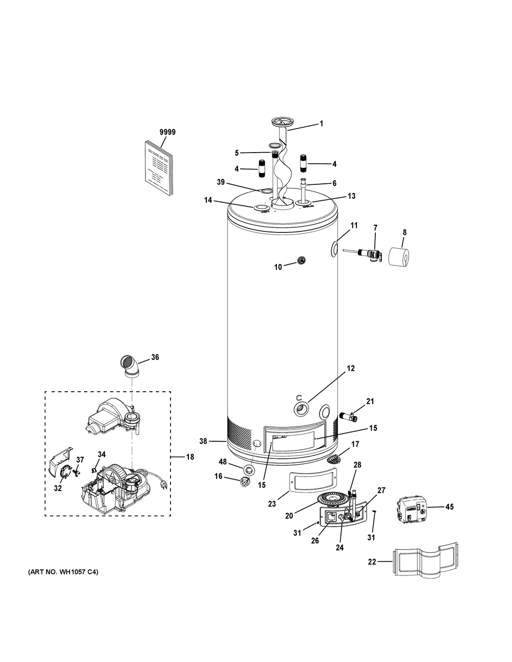 Water Heater Assembly Diagram and Parts List for GG50T08AYV01  General Electric Water Heater