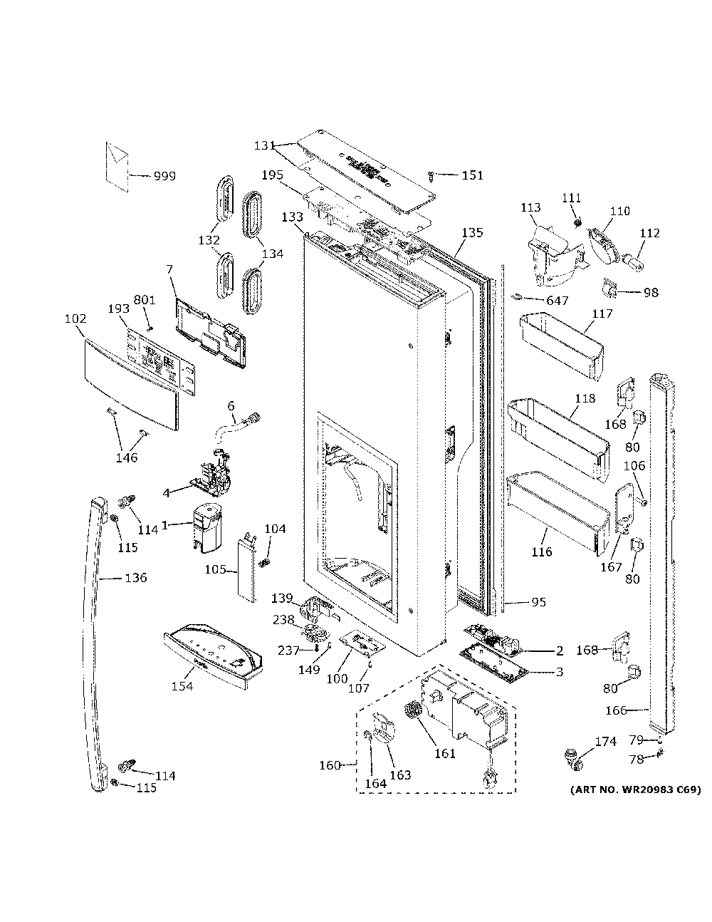 Dispenser door Diagram and Parts List for PFE28PYNCFS  General Electric Refrigerator