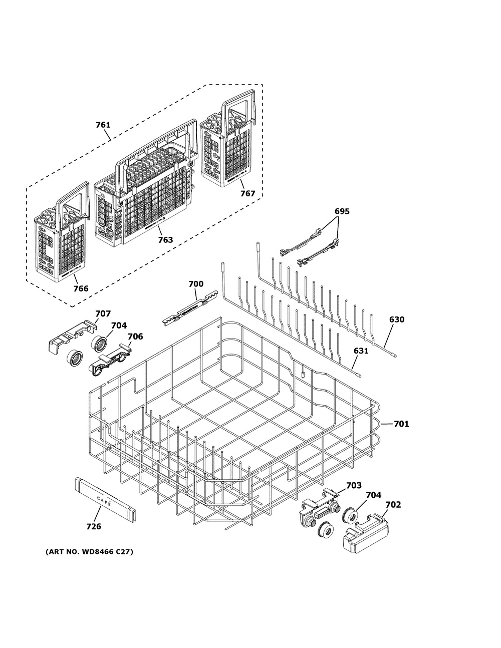 Lower Rack Assembly Diagram and Parts List for CDT805P2N0S1  General Electric Dishwasher