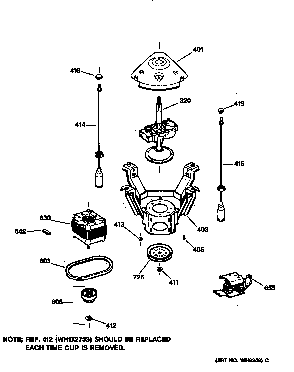 Suspension, Pump & Drive Components Diagram and Parts List for WCCB2050TAWC  General Electric Washer