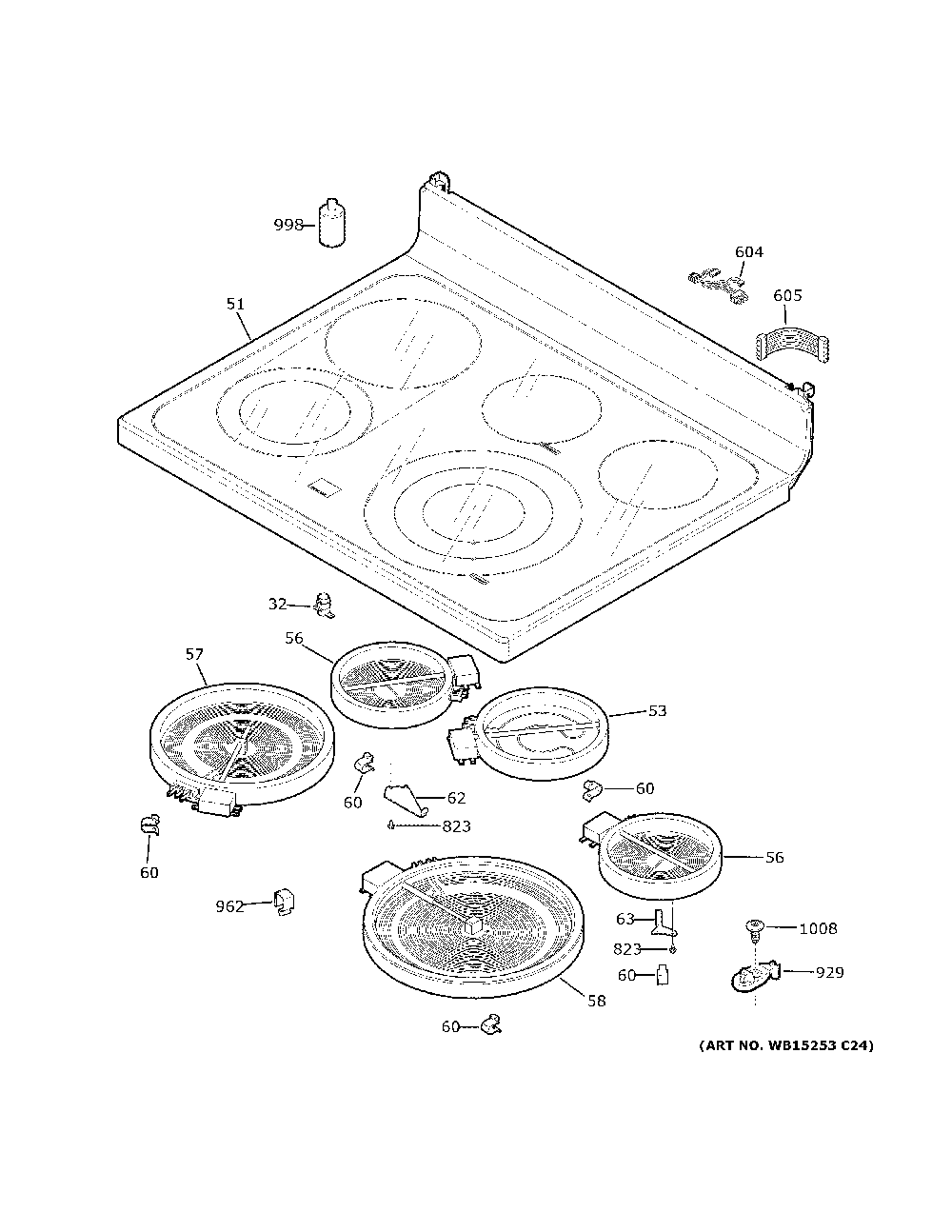 Cooktop Diagram and Parts List for PB935BP1TS  General Electric Range