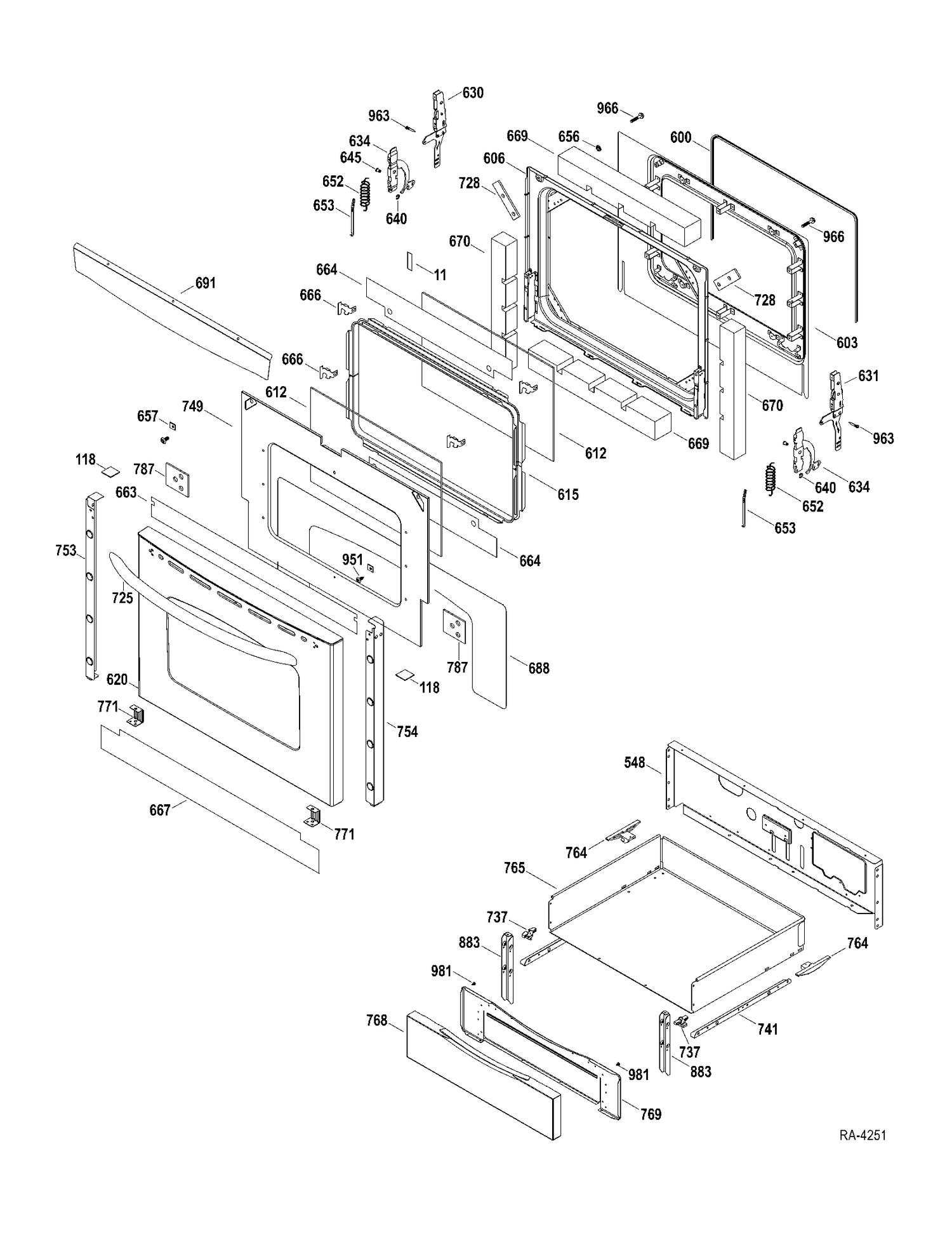 DOOR-DRAWER Diagram and Parts List for JCGB600SET1SS  General Electric Range