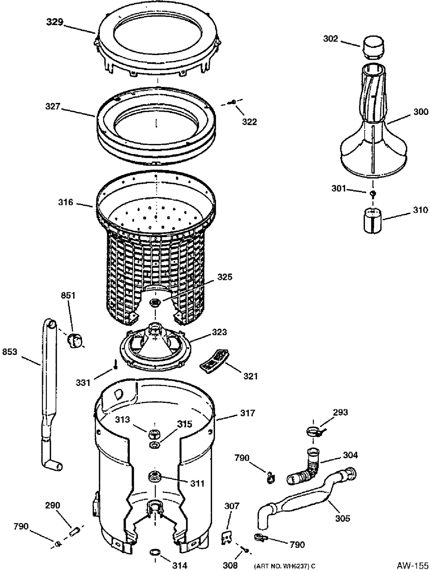 TUB, BASKET & AGITATOR Diagram and Parts List for 52120TAWB  General Electric Washer