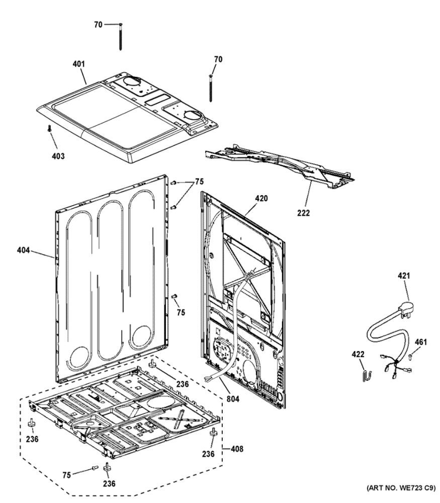 Cabinet And Top Panel Diagram and Parts List for GTX22GASK1WW  General Electric Dryer