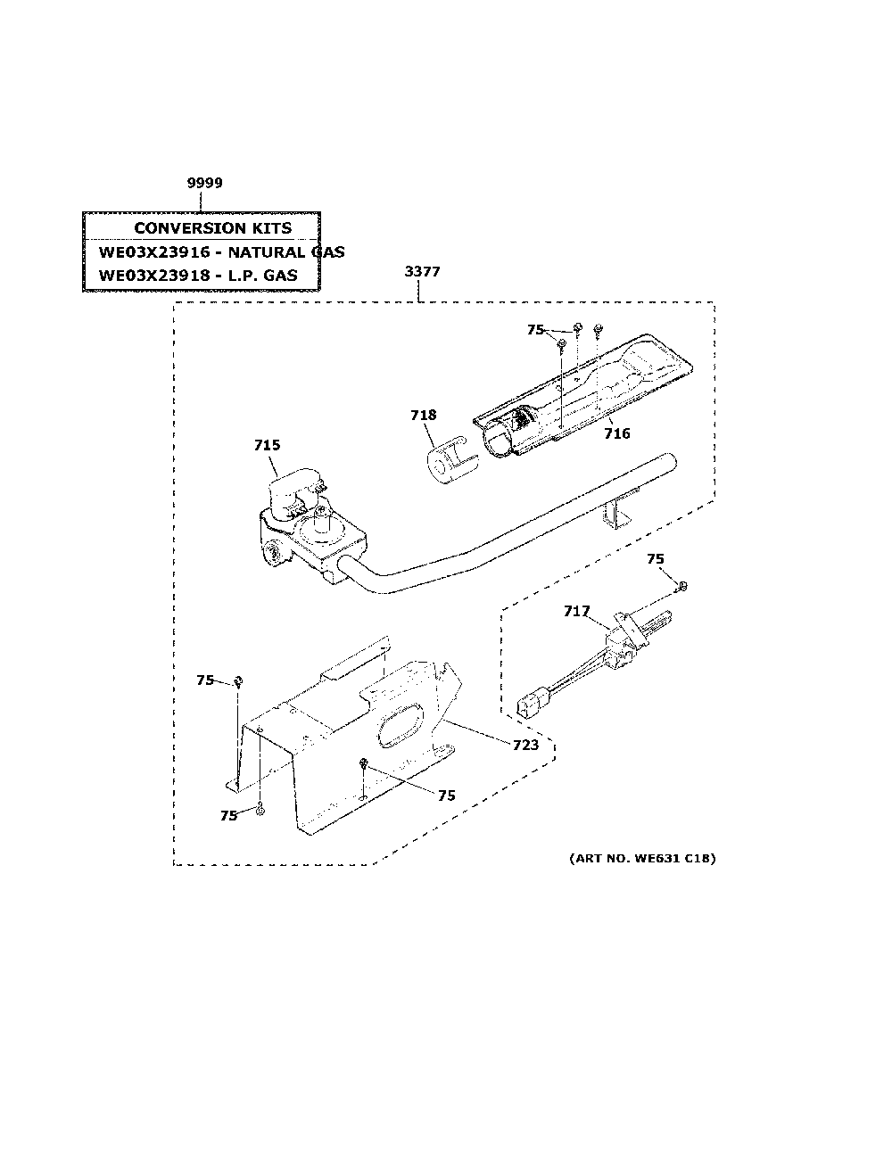 Gas Valve And Burner Assembly Diagram and Parts List for VTD52GASR0WB  General Electric Dryer