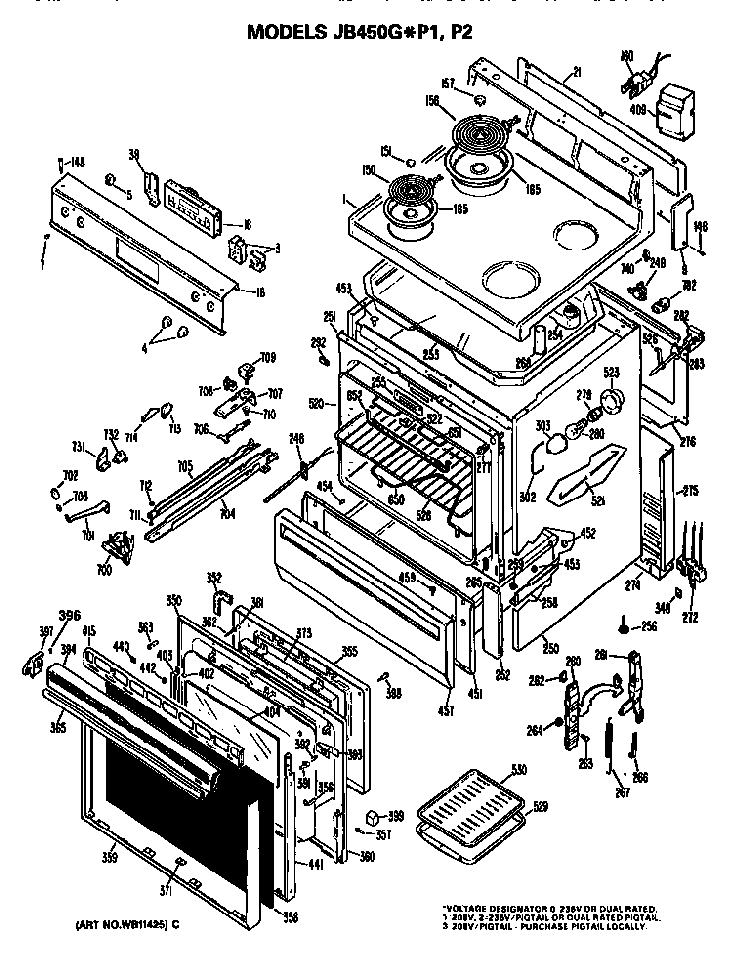 Main Body/cooktop/controls Diagram and Parts List for JB450GP1  General Electric Range