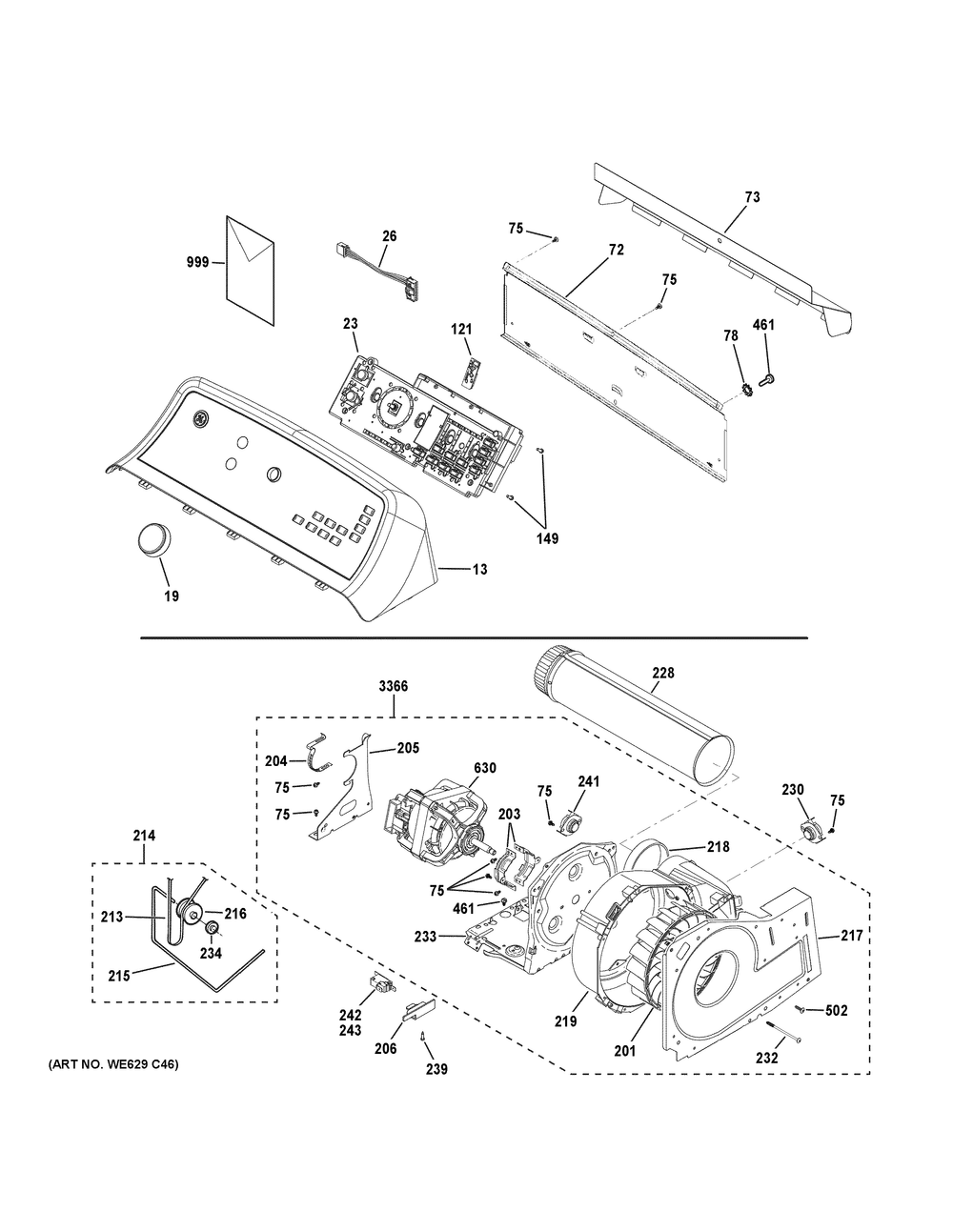 Backsplash, Blower And Motor Assembly Diagram and Parts List for GTD84ECPN2DG  General Electric Dryer