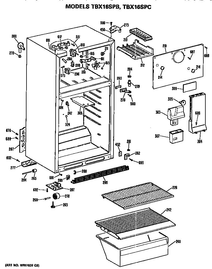 Cabinet Diagram and Parts List for TBX16SPCRAD  General Electric Refrigerator