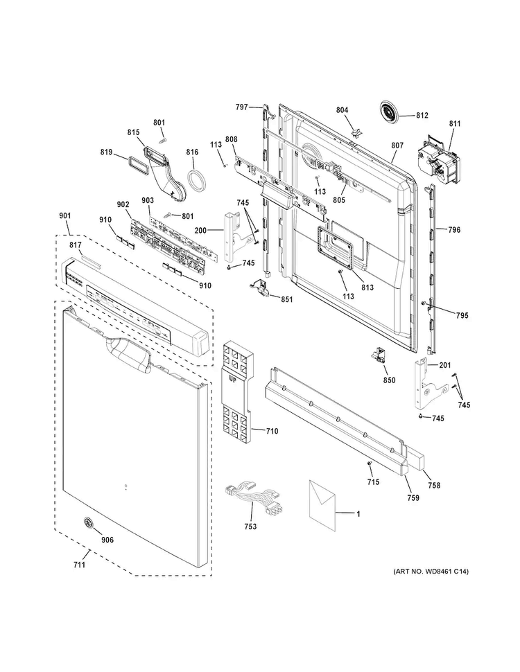 Escutcheon & Door Assembly Diagram and Parts List for GDF570SGJ0CC  General Electric Dishwasher