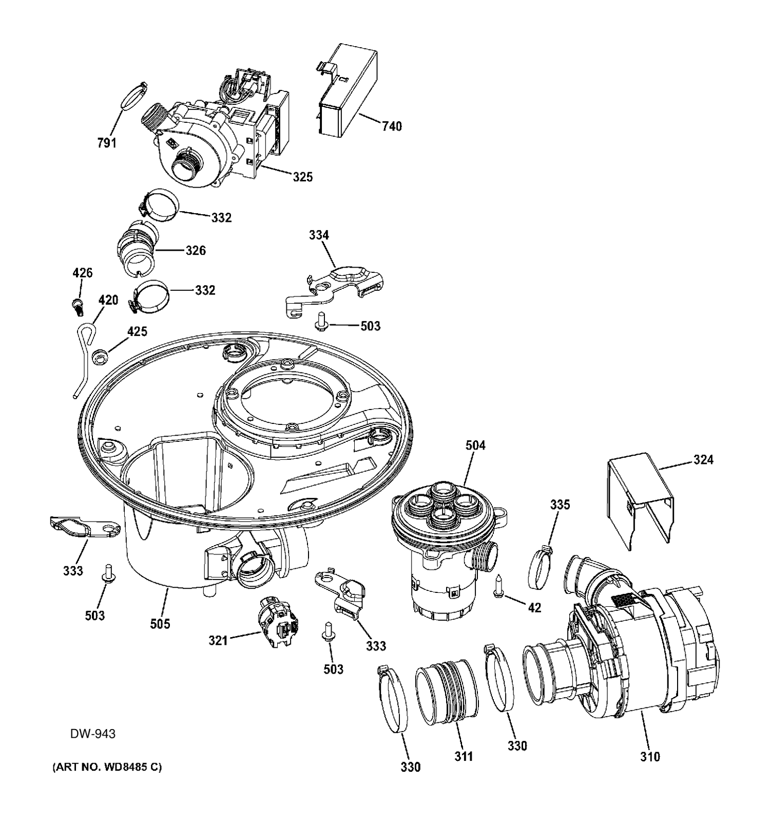 SUMP & MOTOR MECHANISM Diagram and Parts List for ZDT800SPF0SS  General Electric Dishwasher