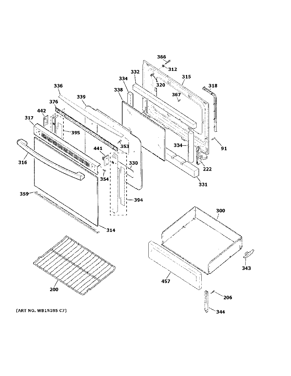 Door And Drawer Parts Diagram and Parts List for JBS460DM3WW  General Electric Range